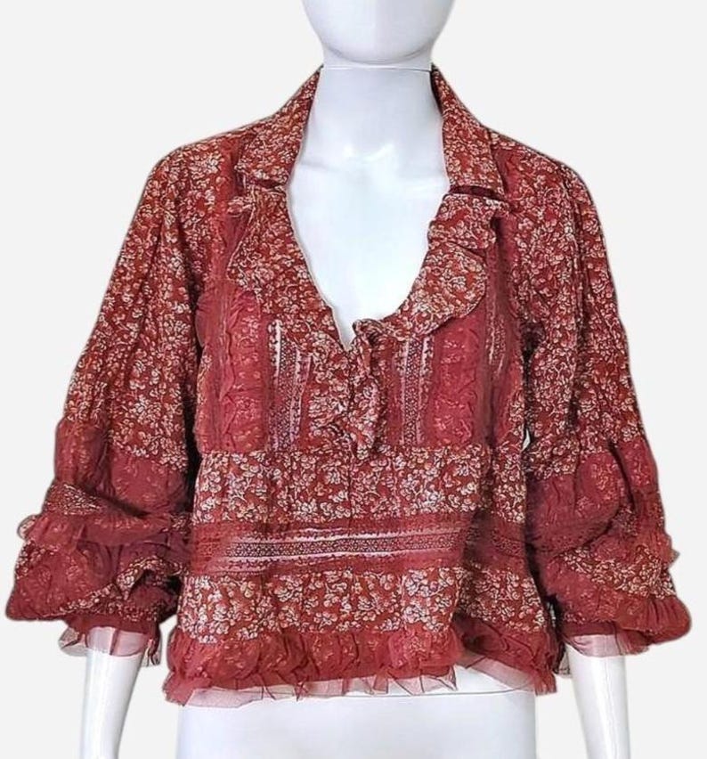 Anthropologie burgundy floral blouse with sheer ruffle trim size Large image 3