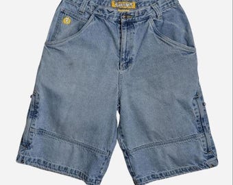 Y2K Snakeyes blue jorts denim shorts with yellow accents accents Size 32 JNCO jeans style