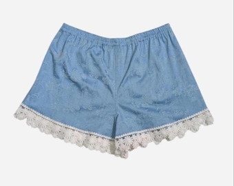 Handmade Upcycled Blue floral lace trim shorts medium/large