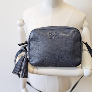 Tory Burch Navy Blue Pebble Leather Camera Tassel Crossbody  display picture 3