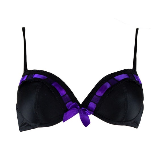 Preloved Gothic Black Satin Push-up Bra With Purple Ribbon Made by La Senza  Size Small -  Sweden