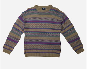 90’s Vintage 100% Cotton Striped Knit Sweater Size M Sperry Top Sider brown striped sweater
