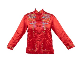 Vintage Red Silk Rayon Embroidered Bird Bed Jacket