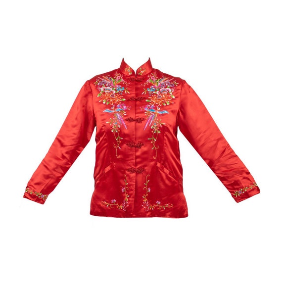 Vintage Red Silk Rayon Embroidered Bird Bed Jacket - image 1