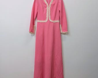 Vintage Pink Lace Trim Maxi Dress - 1960s 70s Retro Style