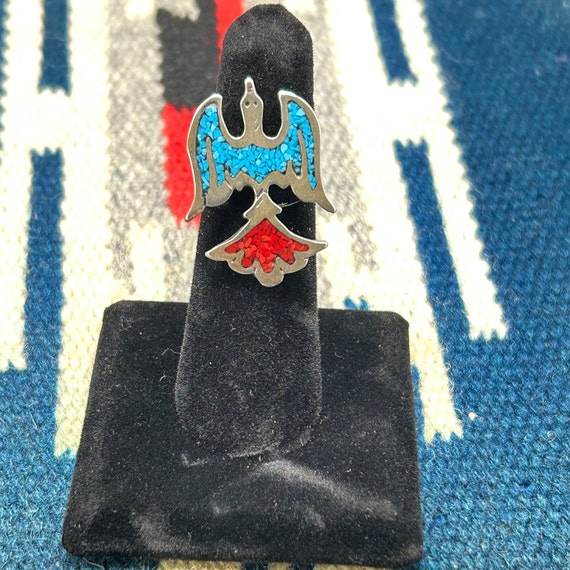 Vintage chip inlay turquoise and coral Thunderbir… - image 1