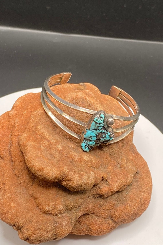 Turquoise chunk three band sterling silver cuff