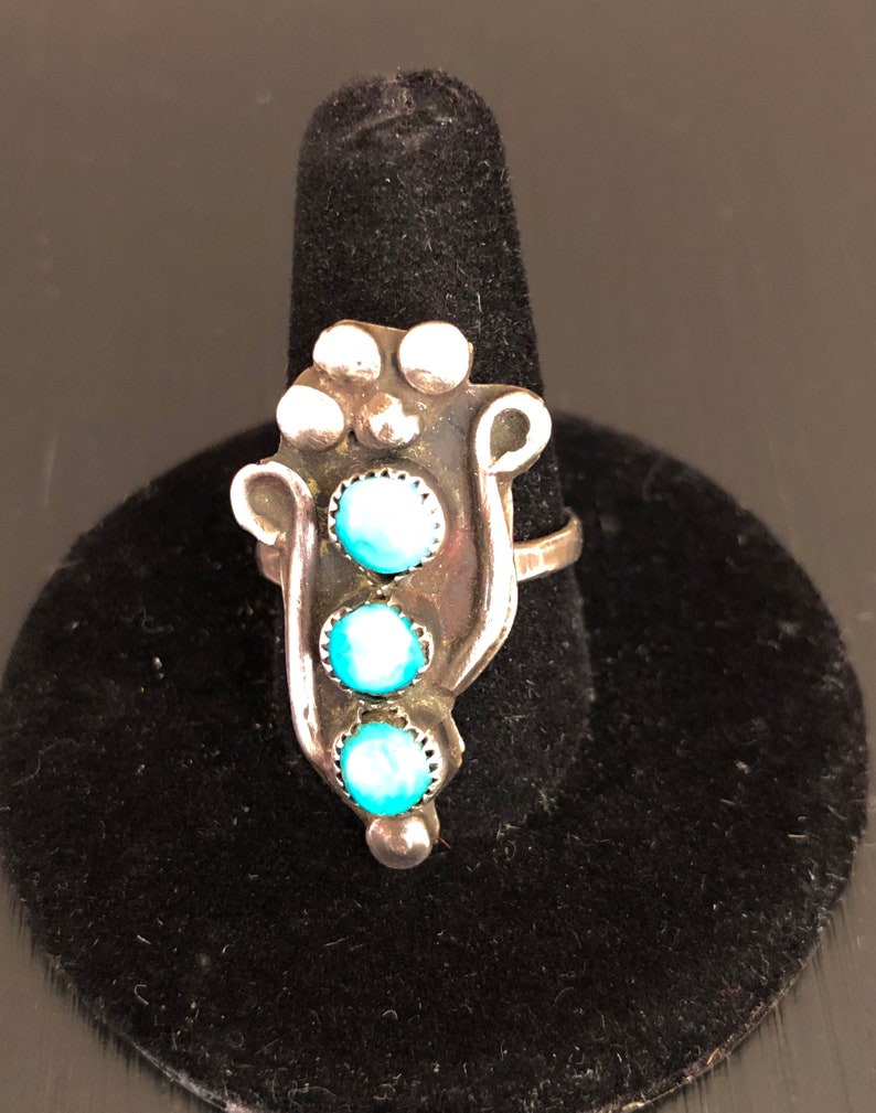 Vintage Native American Turquoise Three Stone Silver Ring