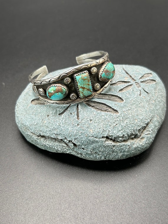 Three stone turquoise and silver cuff signed AD - image 2