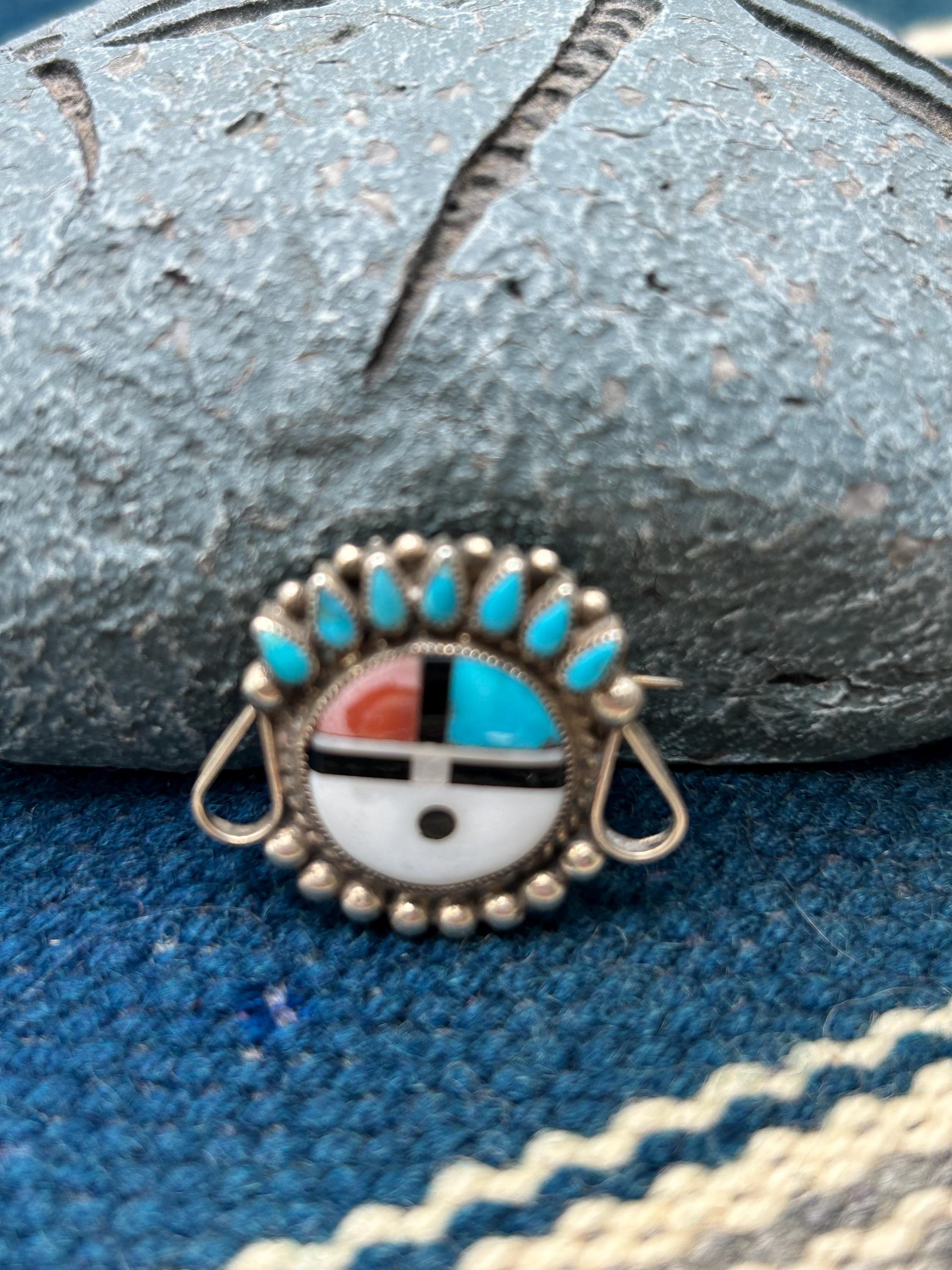 Sun Face Pin Vintage Southwest Inlay Sun Face Pin Turquoise Coral Mother of Pearo - Etsy