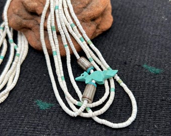 Vintage 4 strand white heishi and turquoise necklace with fox fetish