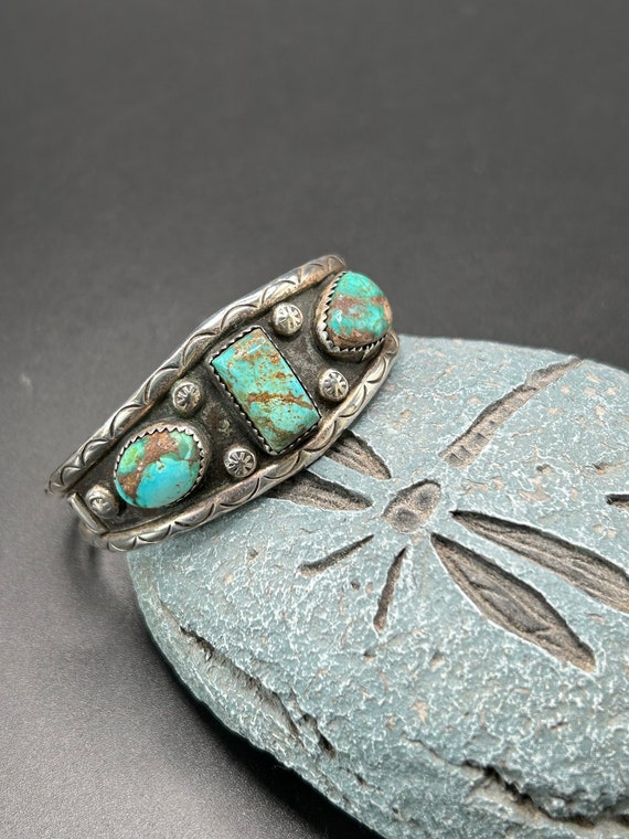 Three stone turquoise and silver cuff signed AD - image 1