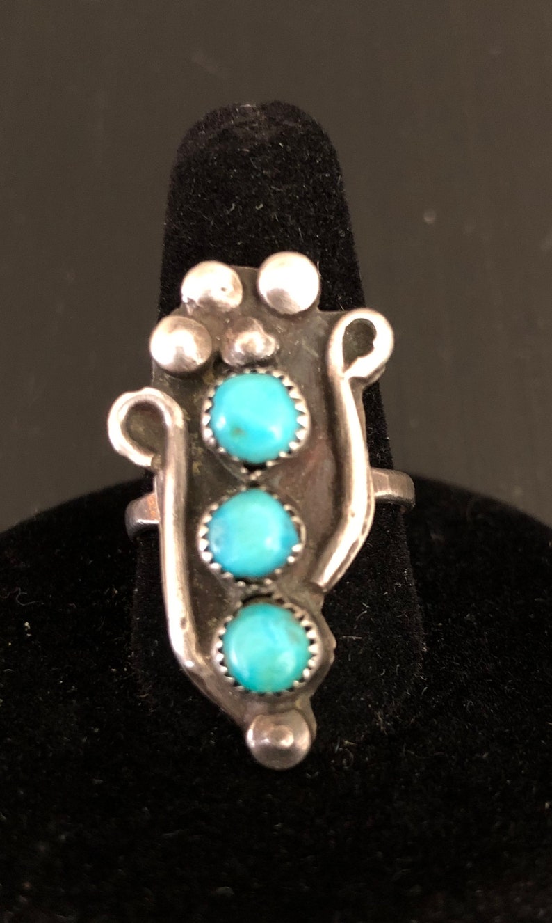 Vintage Native American Turquoise Three Stone Silver Ring