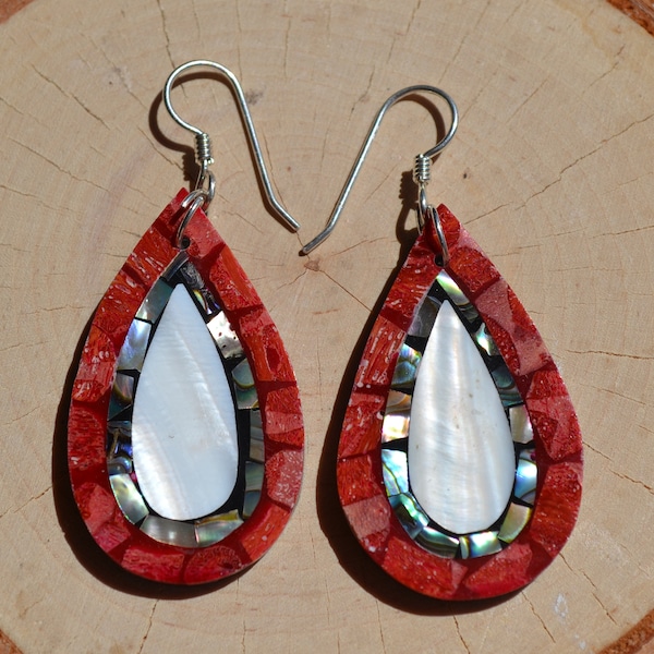 Natural Red Coral, Abalone Shell, Mother of Pearl Teardrop Earrings, Sterling Silver Dangling Earrings, Hawaiian jewelry, Island jewelry
