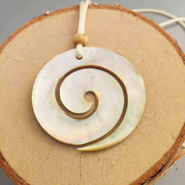 Yellow Carved Mother of pearl shell, Spiral Fish Hook, New Zealand, Adjustable Cord Necklace, Jewelry for Women,Island Jewelry