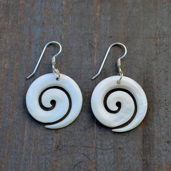 White Natural Mother of Pearl Shelll, New Zealand Spiral Fish Hook Earrings, Sterling Silver Dangling Earrings, Beach jewelry