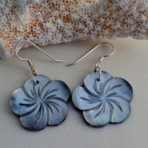 Natural Black Mother of Pearl Carved Flower Earrings, Dangling Sterling Silver Earrings, Jewelry for Women, Island jewelry, Hawaiian jewelry