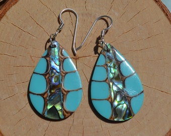 Blue Natural Abalone shell, Cone shell Teardrop Earrings, Sterling Silver Drop Earrings,Jewelry for Women, Island jewelry, Beach Earrings