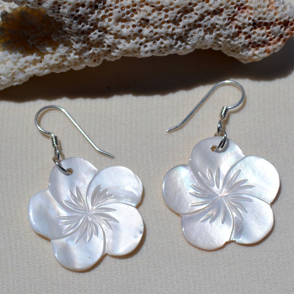 Natural White Mother of Pearl Carved Flower Earrings, Dangling Sterling Silver Earrings, Women jewelry, Island jewelry, Hawaiian Jewelry