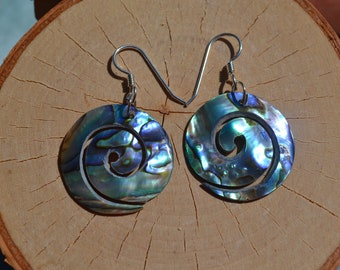 Natural Carved Abalone Shell Earrings, New Zealand Spiral Fish Hook Earrings, Sterling Silver Dangling Earrings, Beach jewelry