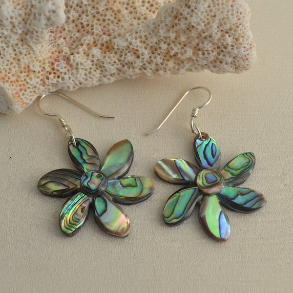 Natural Abalone Shell Flower Earrings, Sterling Silver Dangle Earrings, Jewelry for Women, Island jewelry, Beach jewelry, Hawaiian jewelry