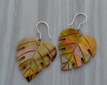 Mother of Pearl Leaf Earrings: Sterling Silver Hawaiian Island Jewelry
