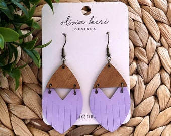 Leather earrings, purple earrings, lavender earrings, wood earrings, lightweight earring, dangles, girl gift