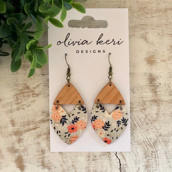 Leather earrings, floral earrings, cork earrings, wood earrings, lightweight earring, fall earrings, boho earrings, dangles, girl gift