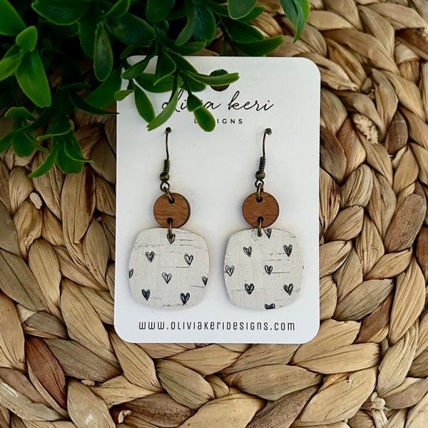 Dangle earrings, valentines earrings, heart earrings, wood earrings, lightweight earring, leather earrings, small earrings