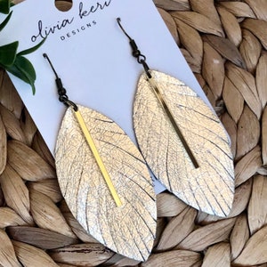 Leather Feather Earrings: Metallic Gold Bar Dangles
