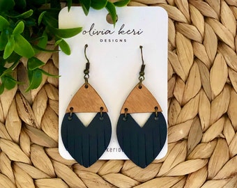 Navy Leather Dangle Earrings: Wood Accent, Lightweight Holiday Earrings
