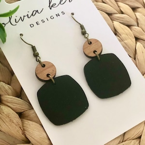Black Leather Earrings: Lightweight Cherry Wood Dangle Earrings