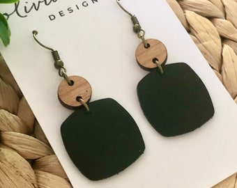 Black Leather Earrings: Lightweight Cherry Wood Dangle Earrings