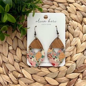 Floral Cork Leather Earrings: Wood Accent Dangles