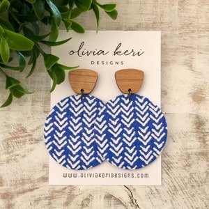 Leather earrings, blue earrings, wood earrings, lightweight earring, round earrings, boho earrings, dangles, girl gift, gift for mom image 2