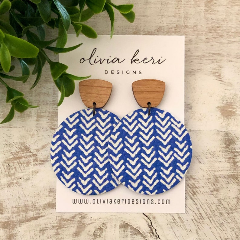 Leather earrings, blue earrings, wood earrings, lightweight earring, round earrings, boho earrings, dangles, girl gift, gift for mom image 2