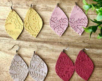 Vegan leather earrings, lightweight earrings, dangle earrings, red leather, pink earrings, embossed jewelry