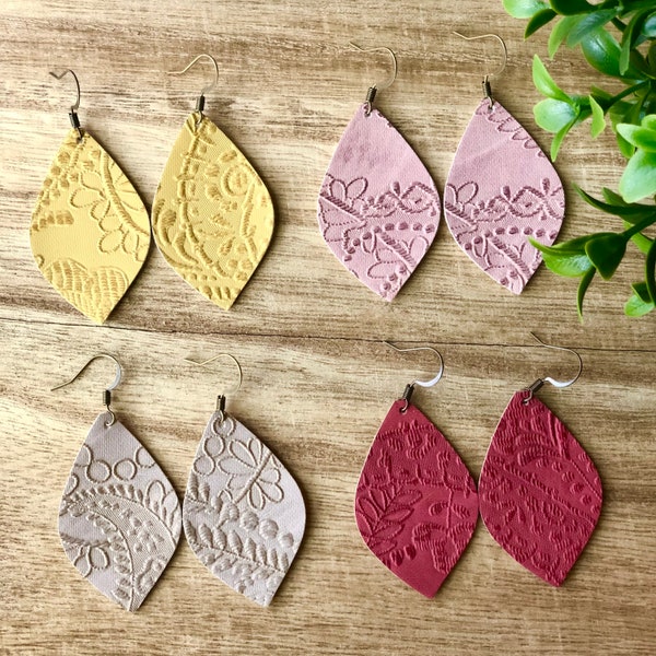 Vegan leather earrings, lightweight earrings, dangle earrings, red leather, pink earrings, embossed jewelry