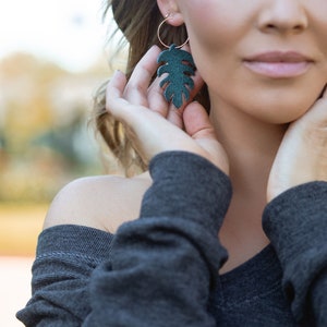 Leather Monstera Leaf Earrings: Dark Green Boho Dangles