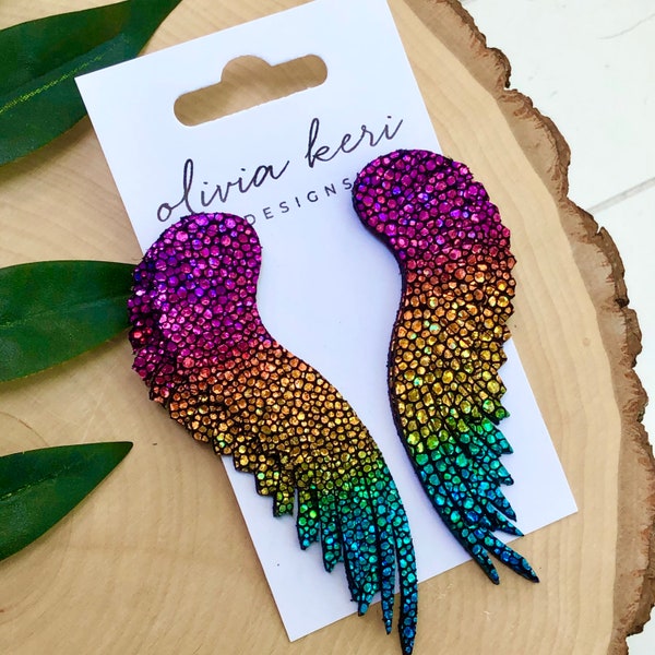 Angel wing earrings, rainbow earrings, long earrings, dangles, large earrings, leather earrings, boho jewelry