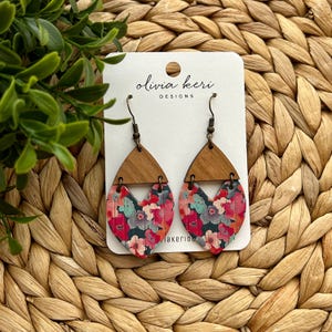 Floral Cork Leather Earrings: Wood Accent Dangles