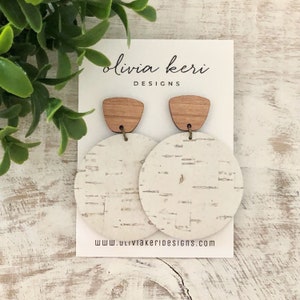 White Birch Cork Leather Earrings: Boho Wood Dangles