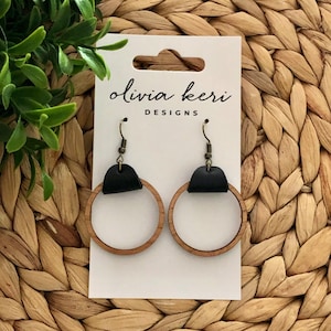 Wood Hoop Earrings: Black Leather Accent, Lightweight Dangles