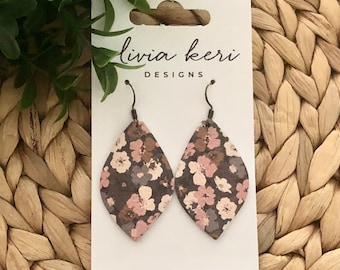 Fall earrings, floral earrings, leather earrings, lightweight earring, teardrop earrings, genuine leather, dangles, girl gift