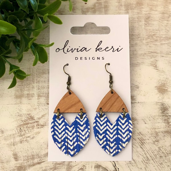 Leather earrings, blue earrings, chevron earrings, wood earrings, lightweight earring, round earrings, boho earrings, dangles, girl gift