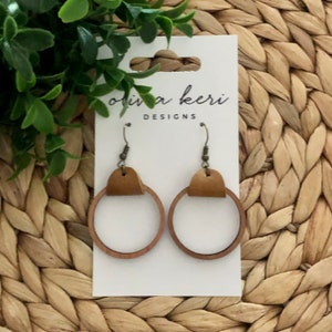 Minimalist Brown Leather Hoop Earrings, Lightweight Boho Earrings, Neutral Everyday Dangles, Handmade Leather Jewelry