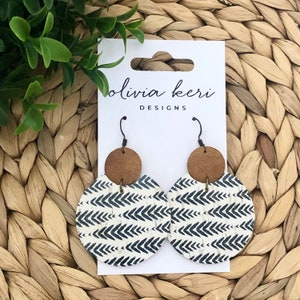 Cork and Leather Boho Earrings, Black White Pattern Dangles, Lightweight Statement Jewelry