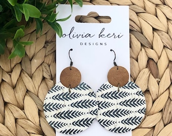 Cork and Leather Boho Earrings, Black White Pattern Dangles, Lightweight Statement Jewelry