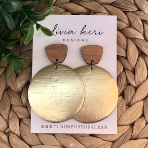 Gold Cork Leather Earrings: Wood Accent Boho Dangles