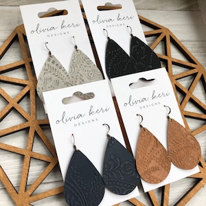 Embossed Vegan Leather Teardrop Earrings: Lightweight Dangle Jewelry